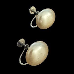 Vintage Japan Large White Faux Pearls Screw back Earrings Silver Tone